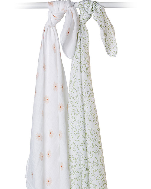 Lulujo Baby Set di 2 Copertine Swaddle 100 x 100 cm - Boho - 100% Cotone - Margherite+Vegetazione Swaddle di Mussola
