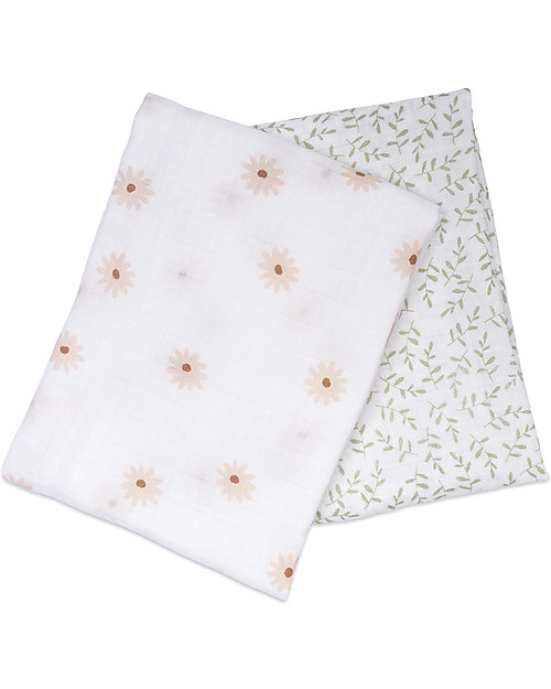 Lulujo Baby Set di 2 Copertine Swaddle 100 x 100 cm - Boho - 100% Cotone - Margherite+Vegetazione Swaddle di Mussola