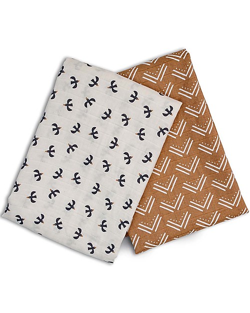 Lulujo Baby Set di 2 Copertine Swaddle 100 x 100 cm - Boho - 100% Cotone - Mudcloth+Uccelli Swaddle di Mussola