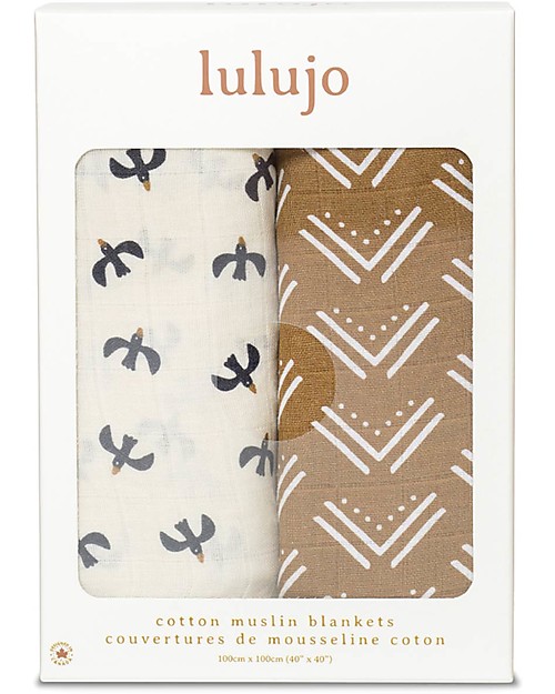 Lulujo Baby Set di 2 Copertine Swaddle 100 x 100 cm - Boho - 100% Cotone - Mudcloth+Uccelli Swaddle di Mussola
