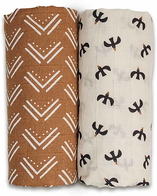 Lulujo Baby Set di 2 Copertine Swaddle 100 x 100 cm - Boho - 100% Cotone - Mudcloth+Uccelli Swaddle di Mussola
