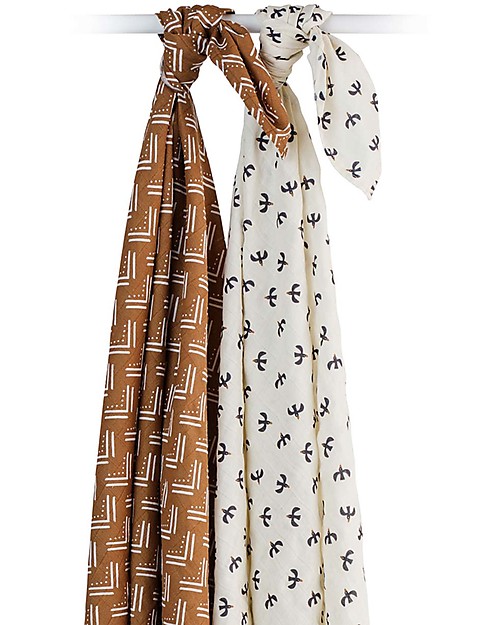 Lulujo Baby Set di 2 Copertine Swaddle 100 x 100 cm - Boho - 100% Cotone - Mudcloth+Uccelli Swaddle di Mussola