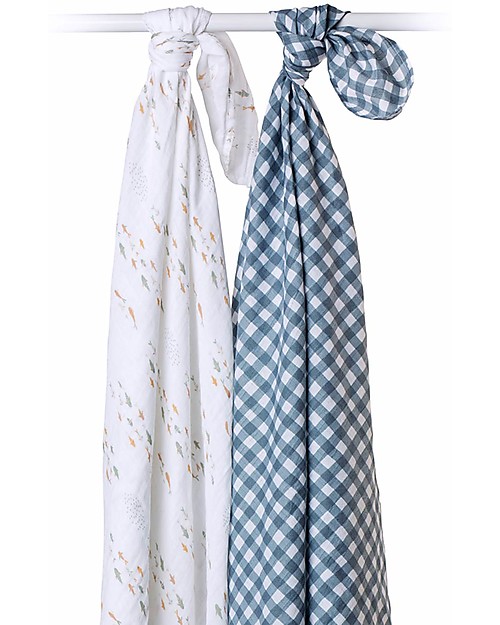 Lulujo Baby Set di 2 Copertine Swaddle 100 x 100 cm - Boho - 100% Cotone - Pesci+a Quadretti Navy Swaddle di Mussola