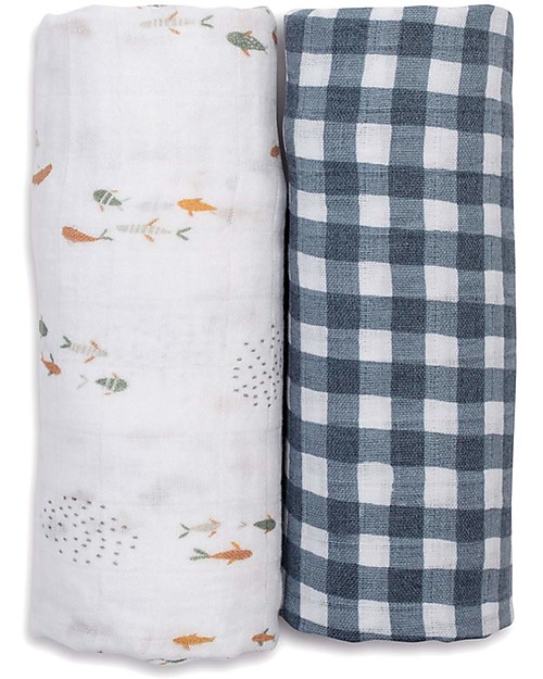 Lulujo Baby Set di 2 Copertine Swaddle 100 x 100 cm - Boho - 100% Cotone - Pesci+a Quadretti Navy Swaddle di Mussola
