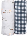Lulujo Baby Set di 2 Copertine Swaddle 100 x 100 cm - Boho - 100% Cotone - Pesci+a Quadretti Navy Swaddle di Mussola