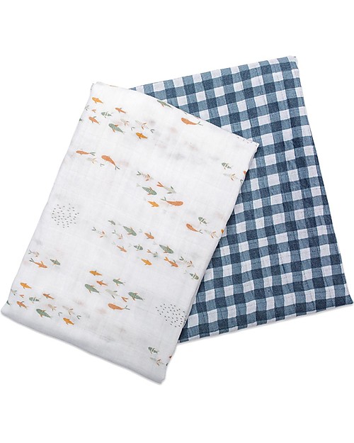 Lulujo Baby Set di 2 Copertine Swaddle 100 x 100 cm - Boho - 100% Cotone - Pesci+a Quadretti Navy Swaddle di Mussola