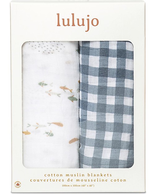 Lulujo Baby Set di 2 Copertine Swaddle 100 x 100 cm - Boho - 100% Cotone - Pesci+a Quadretti Navy Swaddle di Mussola