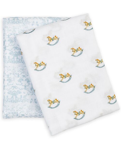 Lulujo Baby Set di 2 Copertine Swaddle 100 x 100 cm - Cavallo a Dondolo/Toile - 100% mussola di cotone Swaddle di Mussola