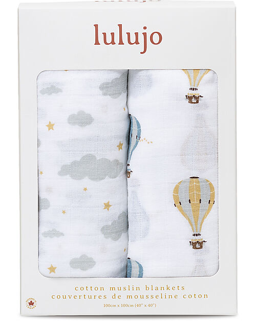 Lulujo Baby Set di 2 Copertine Swaddle 100 x 100 cm - Mongolfiera - 100% mussola di cotone Swaddle di Mussola