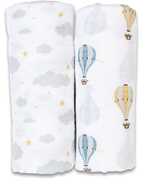 Lulujo Baby Set di 2 Copertine Swaddle 100 x 100 cm - Mongolfiera - 100% mussola di cotone Swaddle di Mussola