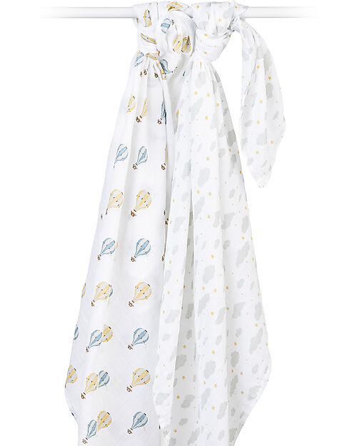 Lulujo Baby Set di 2 Copertine Swaddle 100 x 100 cm - Mongolfiera - 100% mussola di cotone Swaddle di Mussola
