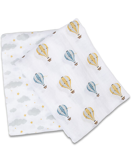 Lulujo Baby Set di 2 Copertine Swaddle 100 x 100 cm - Mongolfiera - 100% mussola di cotone Swaddle di Mussola