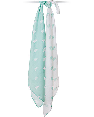 Lulujo Baby Set di 2 Copertine Swaddle 100 x 100 cm, Nuvolette-Acqua - 100% mussola di cotone Copertine Swaddles
