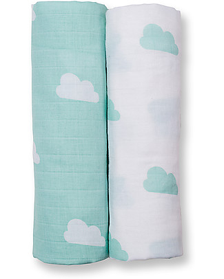 Lulujo Baby Set di 2 Copertine Swaddle 100 x 100 cm, Nuvolette-Acqua - 100% mussola di cotone Copertine Swaddles