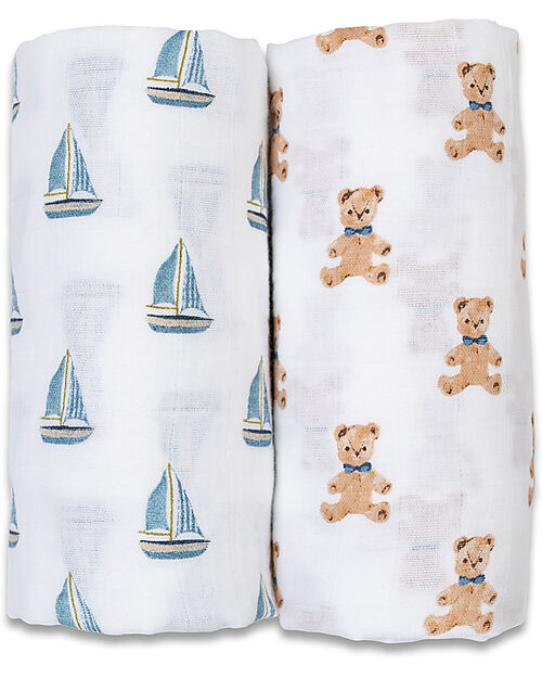 Lulujo Baby Set di 2 Copertine Swaddle 100 x 100 cm - Orsetto Vintage/Barca a Vela - 100% mussola di cotone Swaddle di Mussola