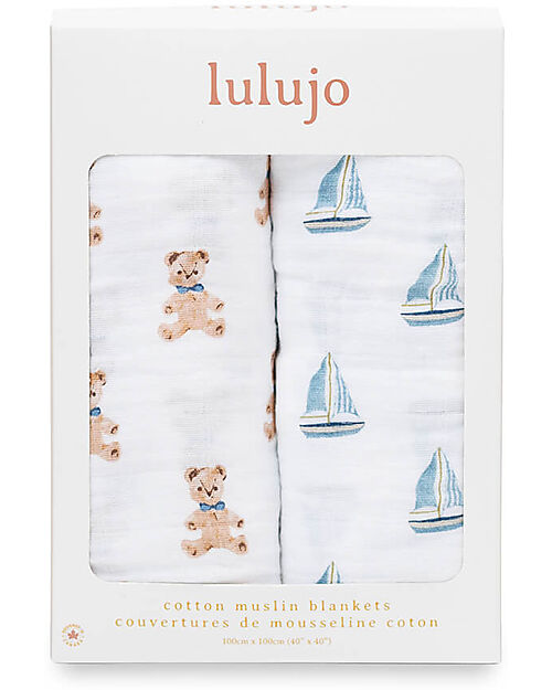 Lulujo Baby Set di 2 Copertine Swaddle 100 x 100 cm - Orsetto Vintage/Barca a Vela - 100% mussola di cotone Swaddle di Mussola