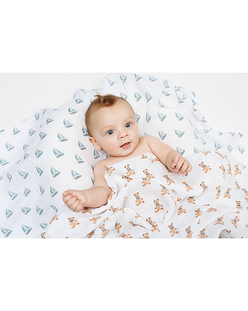 Lulujo Baby Set di 2 Copertine Swaddle 100 x 100 cm - Orsetto Vintage/Barca a Vela - 100% mussola di cotone Swaddle di Mussola