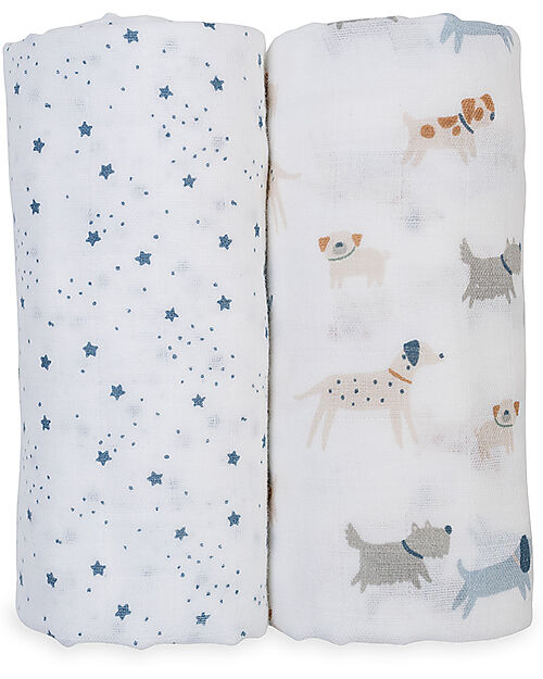Lulujo Baby Set di 2 Copertine Swaddle 100 x 100 cm - Puppy Dog/Stars - 100% mussola di cotone Swaddle di Mussola