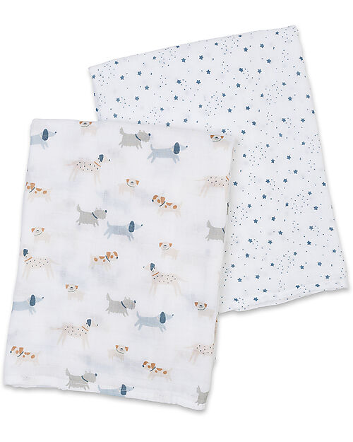 Lulujo Baby Set di 2 Copertine Swaddle 100 x 100 cm - Puppy Dog/Stars - 100% mussola di cotone Swaddle di Mussola