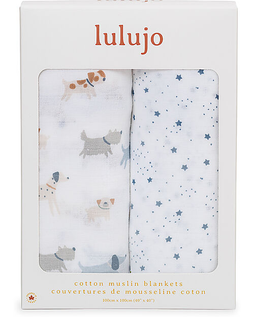 Lulujo Baby Set di 2 Copertine Swaddle 100 x 100 cm - Puppy Dog/Stars - 100% mussola di cotone Swaddle di Mussola