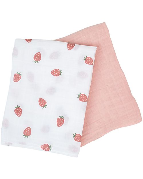 Lulujo Baby Set di 2 Copertine Swaddle 100 x 100 cm - Strawberries/Pink - 100% mussola di cotone Swaddle di Mussola