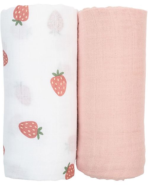 Lulujo Baby Set di 2 Copertine Swaddle 100 x 100 cm - Strawberries/Pink - 100% mussola di cotone Swaddle di Mussola
