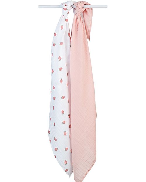 Lulujo Baby Set di 2 Copertine Swaddle 100 x 100 cm - Strawberries/Pink - 100% mussola di cotone Swaddle di Mussola