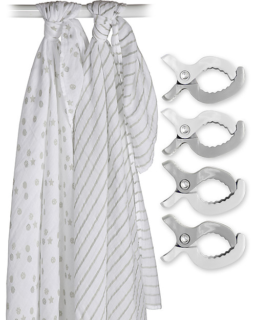 Lulujo Baby Set di 2 Copertine Swaddle 120 x 120 cm + 4 Clips, Grigio - 100% mussola di cotone Swaddle di Mussola