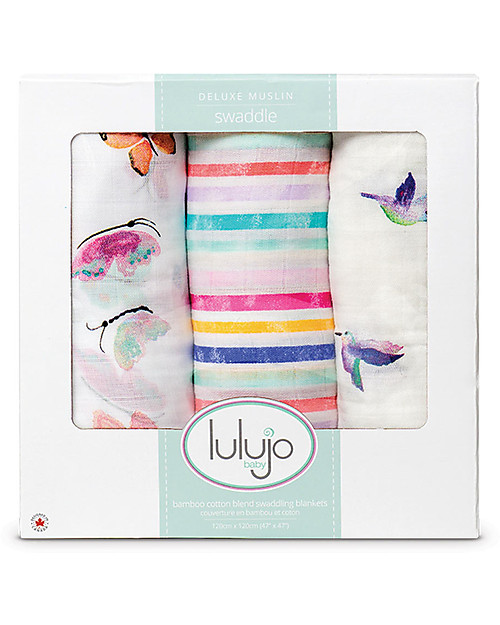 Lulujo Baby Set di 3 Copertine 120 x 120 cm, Garden Friends - Mussola di bambù Swaddle di Mussola