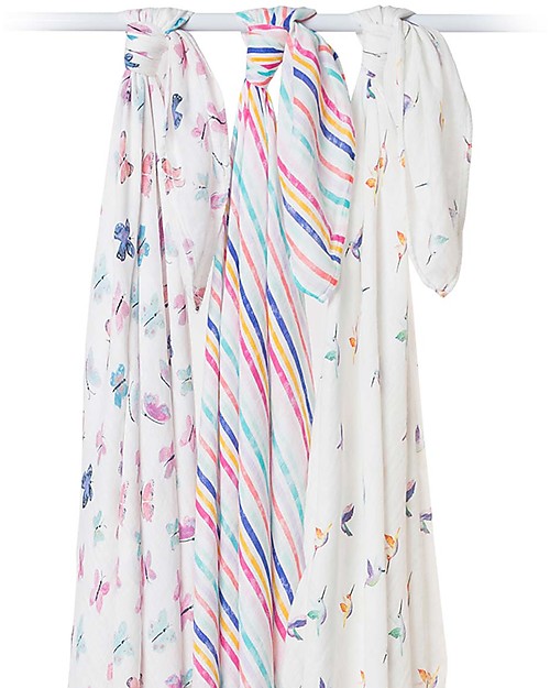 Lulujo Baby Set di 3 Copertine 120 x 120 cm, Garden Friends - Mussola di bambù Swaddle di Mussola