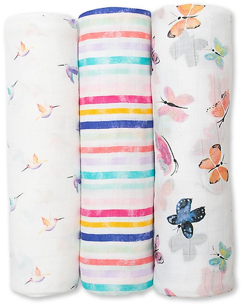 Lulujo Baby Set di 3 Copertine 120 x 120 cm, Garden Friends - Mussola di bambù Swaddle di Mussola