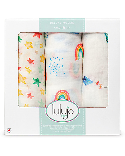 Lulujo Baby Set di 3 Copertine 120 x 120 cm, High in the Sky - Mussola di bambù Swaddle di Mussola