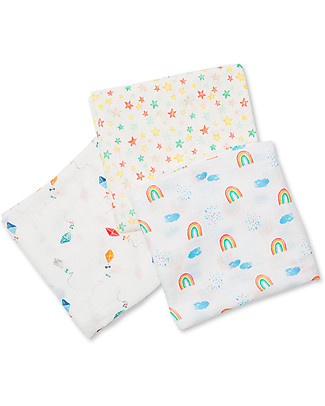 Lulujo Baby Set di 3 Copertine 120 x 120 cm, High in the Sky - Mussola di bambù Swaddle di Mussola