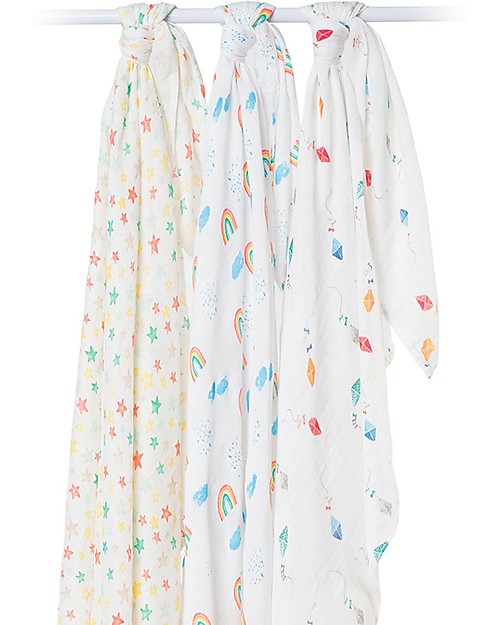 Lulujo Baby Set di 3 Copertine 120 x 120 cm, High in the Sky - Mussola di bambù Swaddle di Mussola