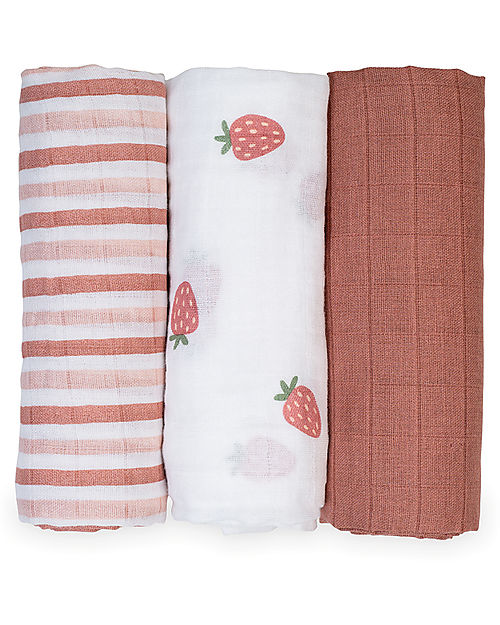 Lulujo Baby Set di 3 Copertine Swaddle 69 x 69 cm - Fragole - 100% mussola di cotone Swaddle di Mussola