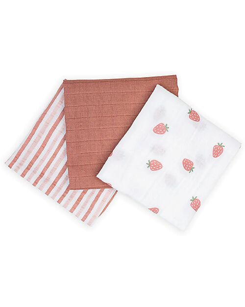 Lulujo Baby Set di 3 Copertine Swaddle 69 x 69 cm - Fragole - 100% mussola di cotone Swaddle di Mussola