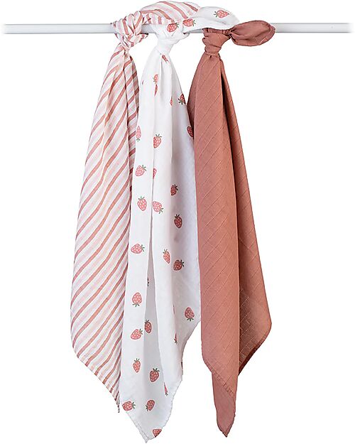 Lulujo Baby Set di 3 Copertine Swaddle 69 x 69 cm - Fragole - 100% mussola di cotone Swaddle di Mussola
