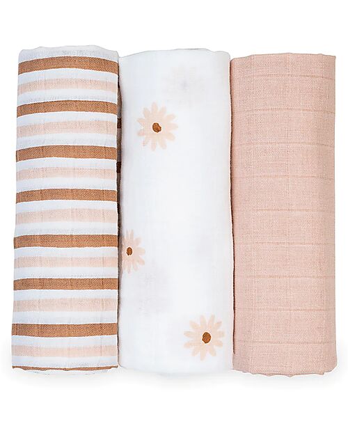 Lulujo Baby Set di 3 Copertine Swaddle 69 x 69 cm - Margherite - 100% mussola di cotone Swaddle di Mussola