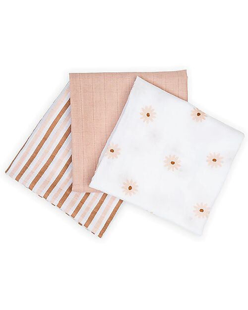 Lulujo Baby Set di 3 Copertine Swaddle 69 x 69 cm - Margherite - 100% mussola di cotone Swaddle di Mussola