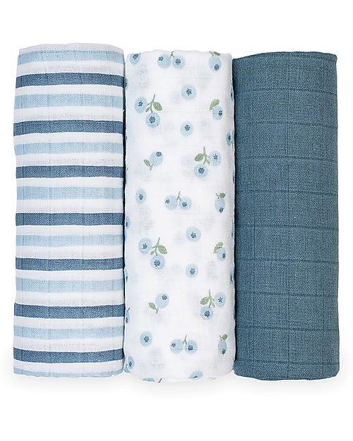 Lulujo Baby Set di 3 Copertine Swaddle 69 x 69 cm - Mirtilli - 100% mussola di cotone Swaddle di Mussola