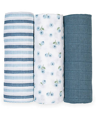 Lulujo Baby Set di 3 Copertine Swaddle 69 x 69 cm - Mirtilli - 100% mussola di cotone Swaddle di Mussola