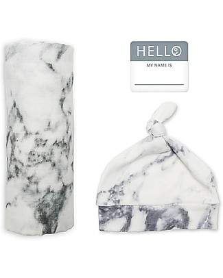 Lulujo Baby Set Hello World, Cappellino + Swaddle + Adesivo, Marble, 120 x 120 cm - Bambù Copertine Swaddles