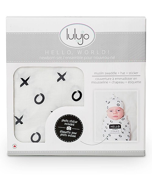 Lulujo Baby Set Hello World, Cappellino + Swaddle, Baci e Abbracci, 120 x 120 cm - Bambù Swaddle di Mussola