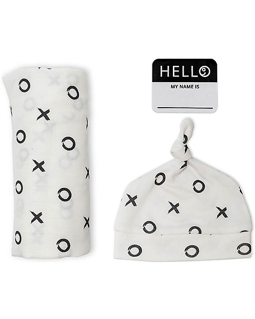 Lulujo Baby Set Hello World, Cappellino + Swaddle, Baci e Abbracci, 120 x 120 cm - Bambù Swaddle di Mussola