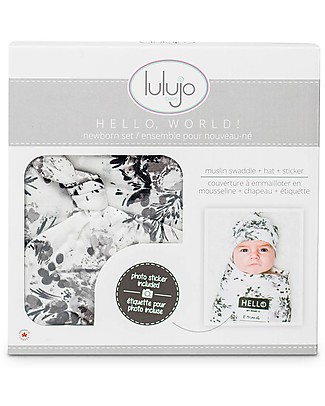Lulujo Baby Set Hello World, Cappellino + Swaddle, Black Floral, 120 x 120 cm - Bambù Copertine Swaddles