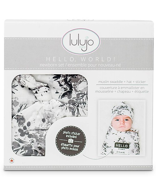 Lulujo Baby Set Hello World, Cappellino + Swaddle, Black Floral, 120 x 120 cm - Bambù Swaddle di Mussola