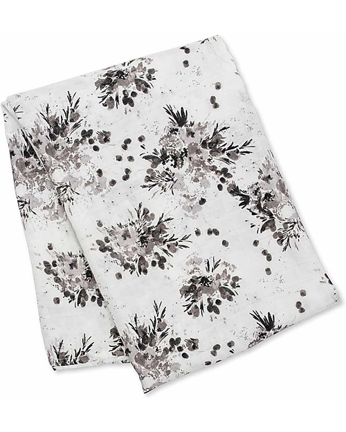 Lulujo Baby Set Hello World, Cappellino + Swaddle, Black Floral, 120 x 120 cm - Bambù Swaddle di Mussola