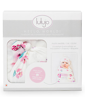 Lulujo Baby Set Hello World, Cappellino + Swaddle, Rose, 120 x 120 cm - Bambù Copertine Swaddles