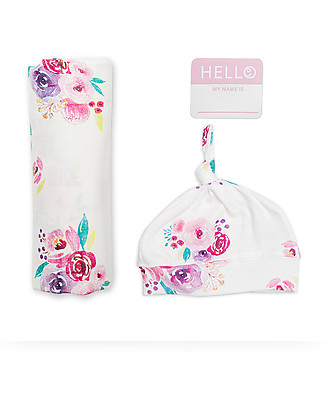 Lulujo Baby Set Hello World, Cappellino + Swaddle, Rose, 120 x 120 cm - Bambù Copertine Swaddles