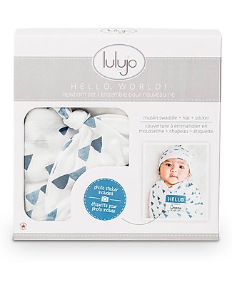 Lulujo Baby Set Hello World, Cappellino + Swaddle, Triangoli Blu, 120 x 120 cm - Bambù Copertine Swaddles